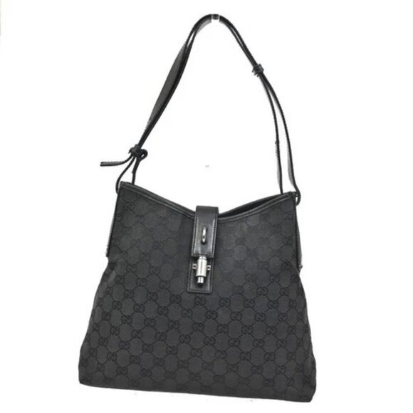 GUCCI GG Pattern Jackie Shoulder Hobo Bag Canvas Leather Black Italy 04DA282 - Picture 1 of 16